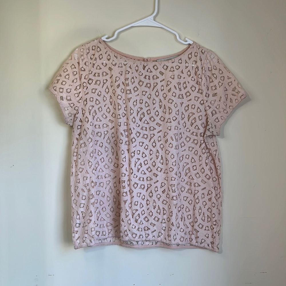 Ann Taylor LOFT Blush Pink Crocheted Short Sleeve Shirt Size L Petite